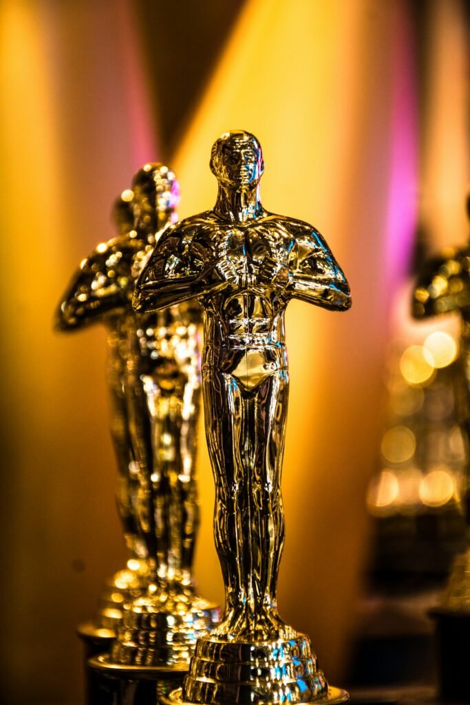 Row of gold award trophies